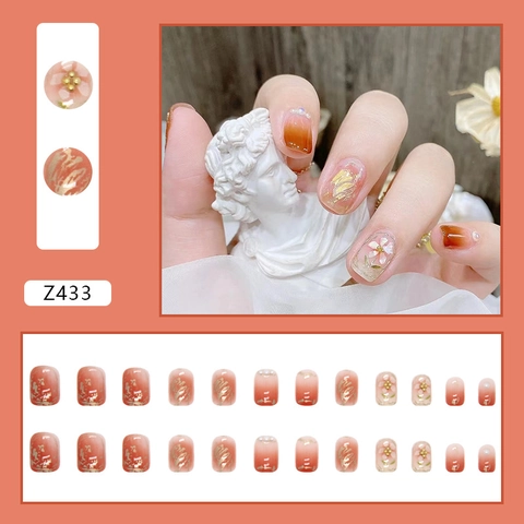 Elegant Press On Nails Short Square Caramel Amber Gradient Gold Foil Floral Artificial Pearl Decorations Sweet Lady Accessory