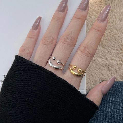 925 Sterling Silver Smile Face Ring Double Layer Hollow Minimalist Adjustable Open Band Jewelry For Women