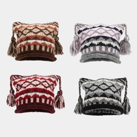 Strickmütze Acryl Katzenohr Design Quasten Fair Isle Jacquard Retro Ethno Stil Winter Warm Damen