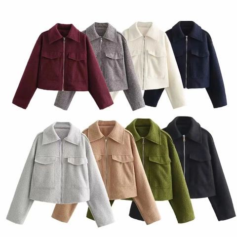 Giacca Corta Da Donna Texture Lana Collo Revers Cerniera Capispalla Moda Casual Autunno Inverno Cappotto Caldo Largo