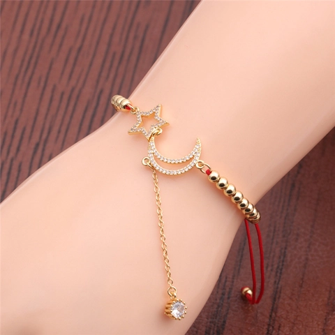 Bracciale Regolabile Stella E Luna In Rame Placcato Oro Con Zirconia Micro Pavé Per Donne Gioielli Eleganti