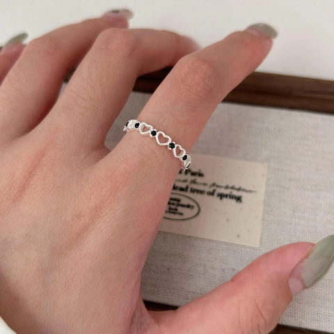 Anello In Argento Sterling 925 Design A Cuore Traforato Con Zirconia Nera Gioielli Di Moda Stile Ins Per Donna