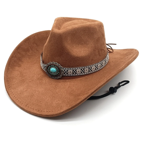 Western Retro Cowboyhoed Imitatiesuède Brede Rand Met Etnische Borduurband Turquoise Decor Verstelbaar Windtouw Unisex