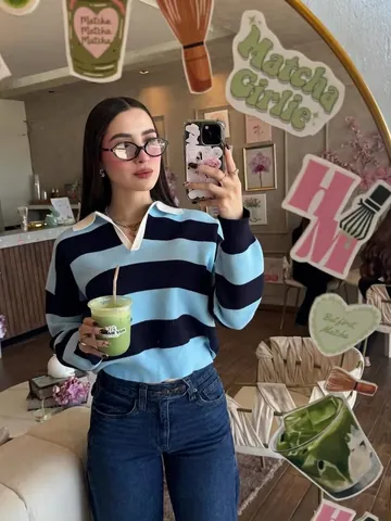 Women Contrast Stripe Knit Polo Sweater Long Sleeve Pullover Casual Preppy Style Fashion Striped Jumper Top