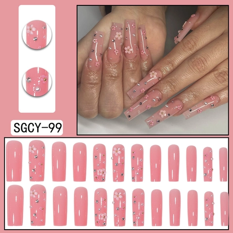 Ongles Press On Longs Carrés Roses Avec Décoration Fleur En Alliage Künstliche Perle Strass Faux Ongles Artificiels Style Doux Ins
