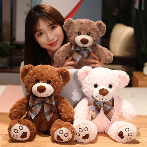 Teddy Bear Plush Toy Soft Stuffed Animal Doll With Plaid Bow Heart Embroidery For Kids Girls Birthday Gift