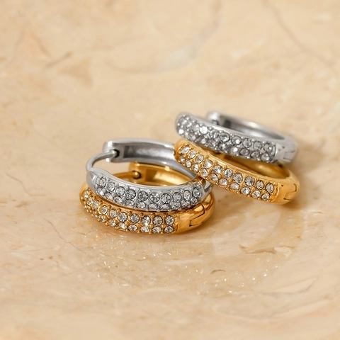 Stainless Steel Cubic Zirconia Hoop Earrings Round Sparkling Crystal Huggie Minimalist Elegant Jewelry For Women