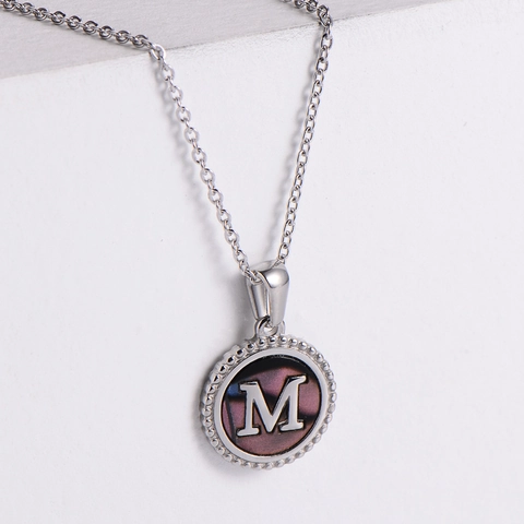 Alphabet Pendant Necklace Stainless Steel Round Embossed Coin Colorful Mother Of Artificial Pearl Iridescent Fashion Jewelry For Women