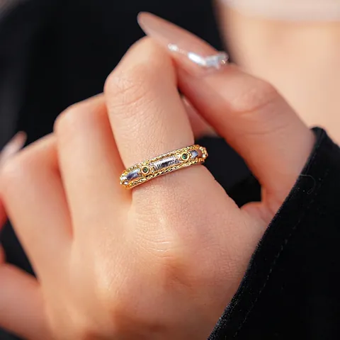 Anello Regolabile Vintage In Rame Bicolore Oro Argento Con Gemma Verde Trama Intrecciata Gioielli Per Donna
