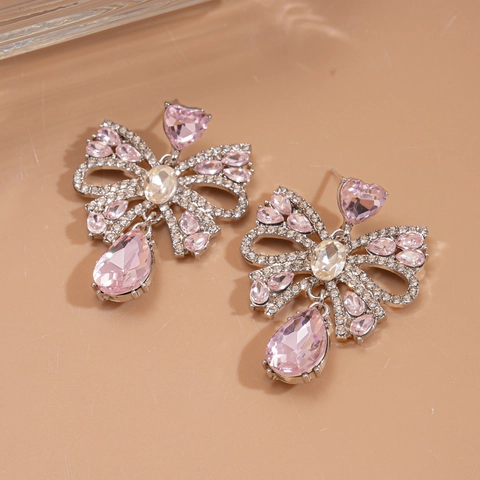 Boucles D'oreilles Nœud Papillon Goutte Rose Alliage Strass Avec Tige En Argent Sterling 925 Bijoux Vintage Femmes