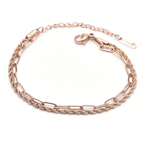 Bracelet Multi Rangs Acier Inoxydable Chaîne Trombone Et Corde Torsadée Or Rose Bijoux Géométriques Pour Femmes