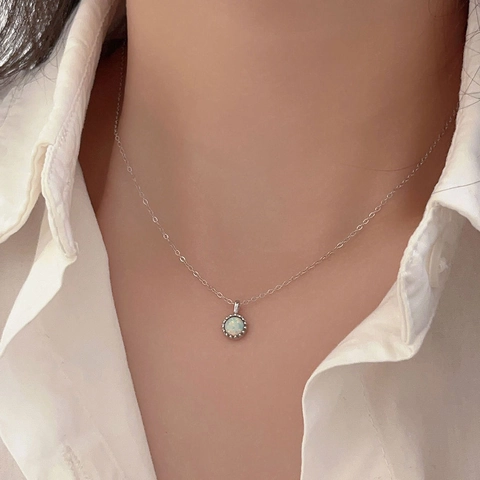 Collana In Argento Sterling 925 Con Ciondolo Opale Tondo Bordo Perlato Gioielli Alla Moda Eleganti Per Donna