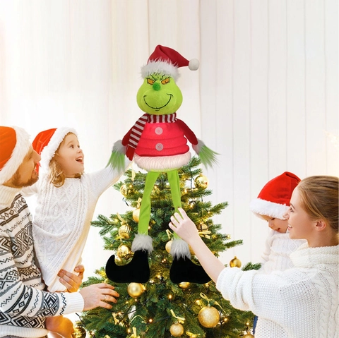 Christmas Tree Topper Ornament Glowing Green Monster Plush Decoration For Holiday Party Home Decor
