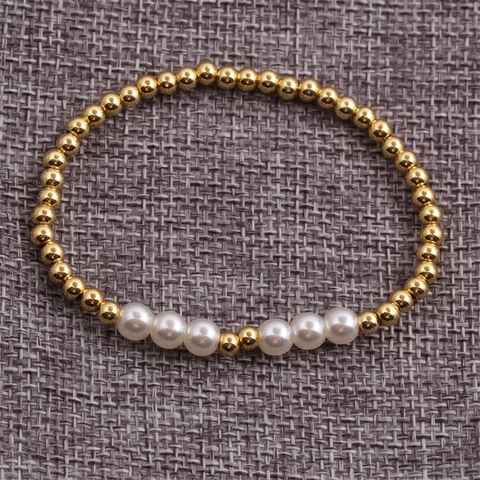 Fashion Beaded Bracelet Copper Gold Plated With White Faux Artificial Pearls Elastic Handmade Minimalist Jewelry For Women Elegant