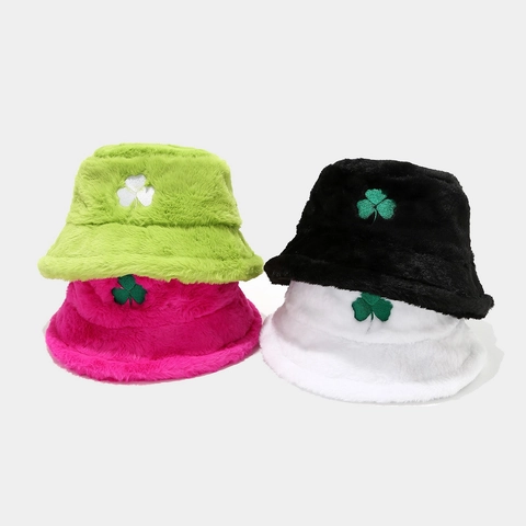 Sombrero De Pescador De Piel Sintética Bordado Trébol Grueso Cálido Invierno Al Aire Libre Felpa Para Hombre Mujer