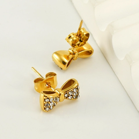French Style Bowknot Stud Earrings Stainless Steel 18K Gold Plated Elegant Rhinestone Inlaid Petite Earrings Jewelry For Women