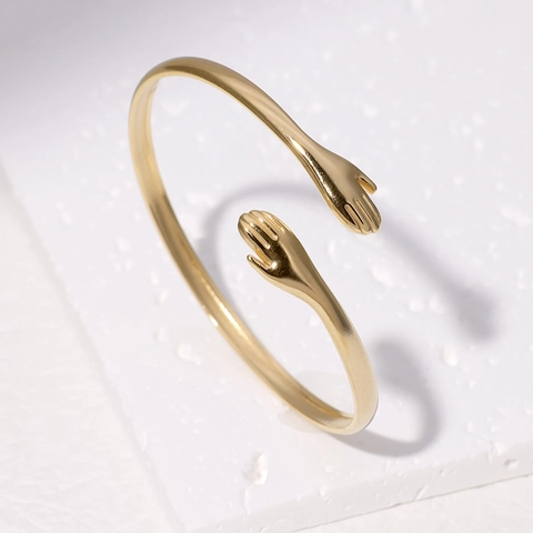Bracciale Rigido Aperto Mani Che Abbracciano Acciaio Inossidabile Regolabile Gioiello Minimalista Di Tendenza Regalo Per Donne