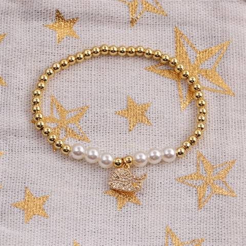 Beaded Bracelet Golden Copper Beads White Imitation Artificial Pearl Zircon Whale Charm Elastic Fashion For Women