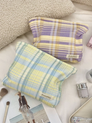 Plaid Cosmetic Bag Polyester Canvas Makeup Organizer Large Capacity Travel Toiletries Pouch Fresh Grid Zipper Storage