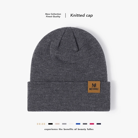 Knitted Beanie Hat Warm Winter Cuffed Solid Color Acrylic Ribbed With Leather Label For Outdoor Fashion Unisex