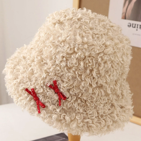 Damen Teddyfell Fischerhut Warm Winter Kunstlammfell Mit Gepunkteter Schleife Dekoration Süß Elegant Outdoor Beckenhut