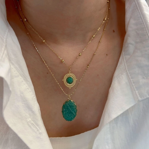 Collana Pendente Pietra Naturale Amazonite Acciaio Inossidabile Placcato Oro Retro Ovale Perline A Strati Per Donne