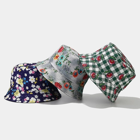 Reversible Floral Print Bucket Hat Cotton Polyester Sun Protection Outdoor Summer Beach Pastoral Travel Sun Hat Women