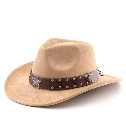 Cappello Da Cowboy Western Finta Pelle Scamosciata Tesa Larga Distintivo Stella Fascia Cuoio Borchie Retro Unisex