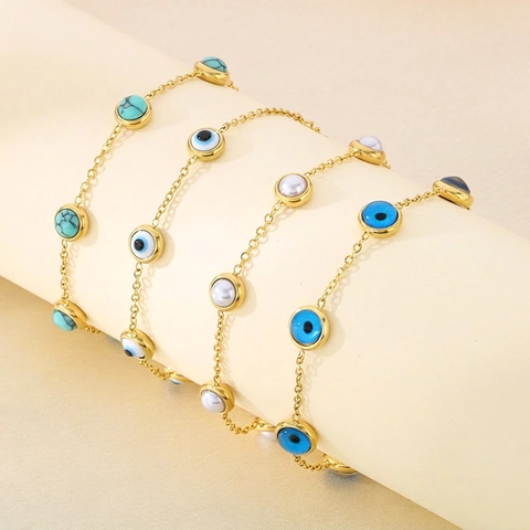 Bracciale in Acciaio Inossidabile Malocchio per Donna Catena Sottile Placcata Oro Con Perla Artificiale Turchese Sintetico