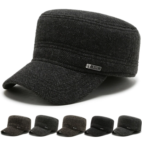 Men Winter Warm Flat Top Hat Herringbone Woolen Cadet Cap Thickened Cotton Lined Outdoor Patrol Hat For Middle Aged Men