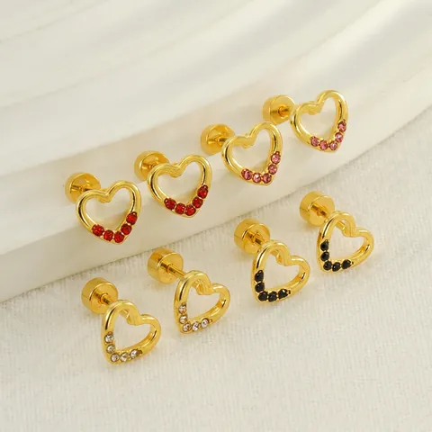 Stainless Steel Hollow Heart Stud Earrings With Colored Rhinestone Gold Plated Screw Back Ear Studs For Women Fashion Jewelry