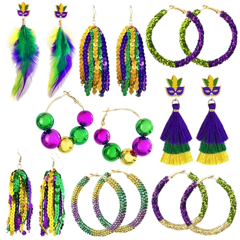 Mardi Gras Ohrringe Lila Grün Gold Karneval Party Quaste Pailletten Feder Reifen Legierung Schmuck Für Frauen
