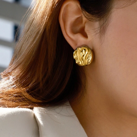 Irregular Round Stud Earrings 304 Stainless Steel 18K Gold Plated Geometric Texture Waterproof Minimalist Women