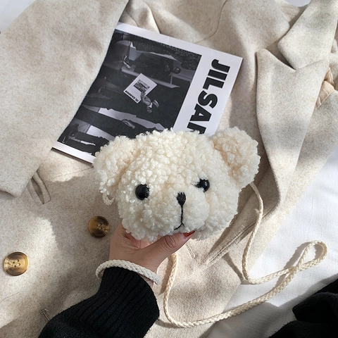 Cute Cartoon Bear Head Plush Crossbody Bag Mini Lamb Wool Shoulder Purse With Braided Strap For Girls Students