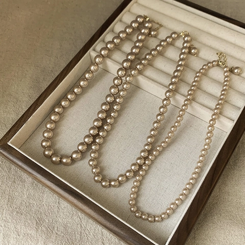 French Retro Faux Artificial Pearl Necklace Elegant Champagne White Round Beads Alloy Clasp Jewelry Accessory For Women