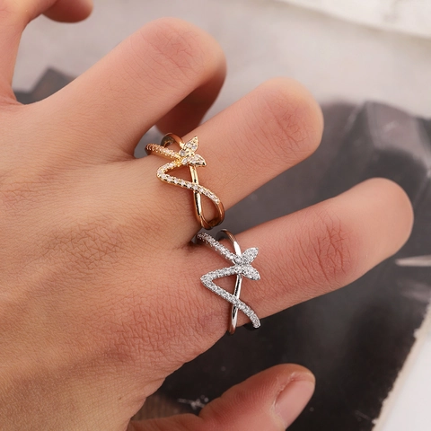 Fashionable Copper Butterfly Cross Open Ring For Women Elegant Zirconia Inlaid Adjustable Finger Ring Gold Silver Jewelry