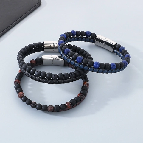 Bracciale Doppio Strato Uomo Pelle Intrecciata Perline Occhio Di Tigre Agata Acciaio Inossidabile Chiusura Magnetica Gioielli