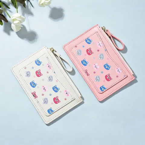 Niedliche Cartoon Bär Print PU Leder Kartenhalter Geldbörse Mit Reißverschluss Multi Slots Handschlaufe Für Damen Mädchen