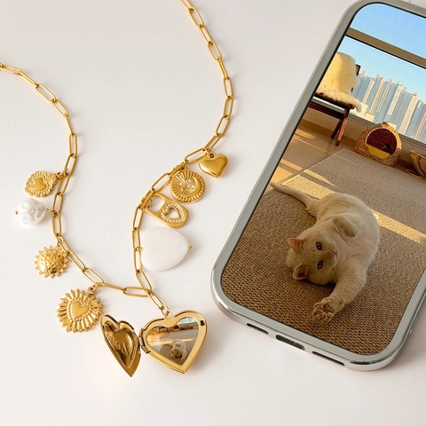 Collar De Acero Inoxidable Medallón De Fotos Corazón Dijes Perla Artificial Concha Sol Retro Chapado En Oro Joyería Para Mujer