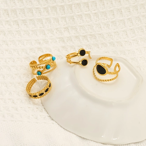 Bohemian Open Adjustable Ring Vintage 18K Gold Plated Stainless Steel Enamel Turquoise Geometric Jewelry For Women