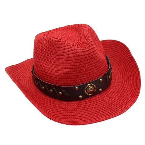 Western Cowboy Straw Hat Woven Panama Roll Edge Sun Hat With Riveted Leather Band For Beach Outdoor Summer Women Hat