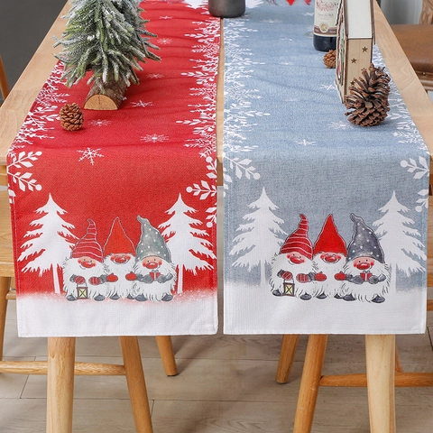 Christmas Table Runner Burlap Linen Gnomes Snowflakes Print Dining Room Festival Holiday Decoration Cartoon Nordic Style