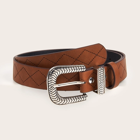 Cintura Vintage in Ecopelle Western Unisex Marrone Con Fibbia Incisa in Lega ad Ardiglione Motivo a Diamante Accessorio Moda