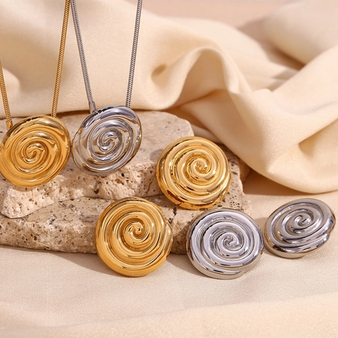 Minimalist Stainless Steel Spiral Vortex Shell Shape Pendant Necklace For Women Vintage 18K Gold Plated Geometric Earrings Jewelry