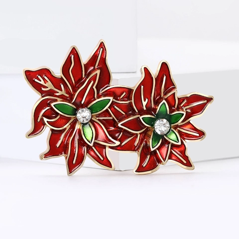 Broche Fleur De Noël Émail Alliage Strass Épingle Florale Pour Femmes Accessoire De Costume Festif Bijoux De Poinsettia Élégants