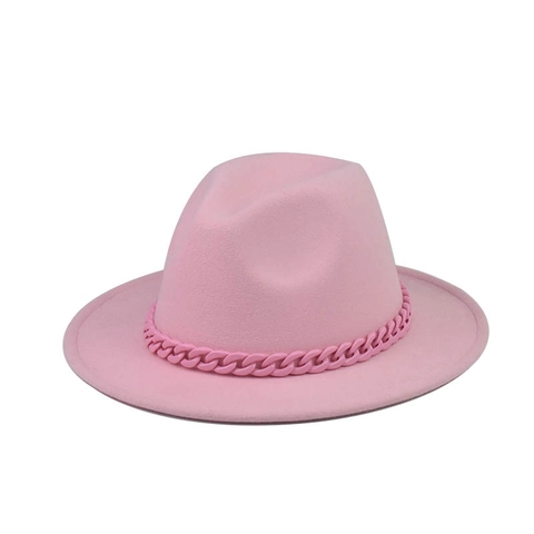 Wide Brim Fedora Hat Wool Felt Elegant Vintage Flat Top With Pink Chain Decoration For Women Fashion