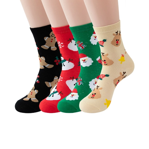 Christmas Crew Socks Cotton Blend Santa Snowman Reindeer Pattern Holiday Casual Winter Breathable Mid Calf For Women
