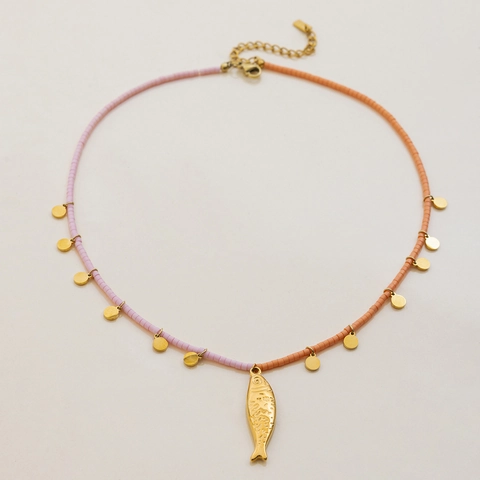 Vis Hanger Ketting 18K Verguld Roestvrij Staal Oranje Roze Rijstkralen Waterdicht Vakantie Stijl Sieraden Voor Dames