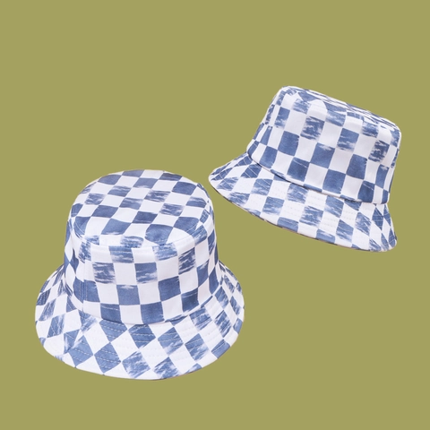 Cappello Da Pescatore In Cotone Unisex Motivo A Scacchi Blu Bianco Tie Dye Protezione Solare Outdoor Moda Casual