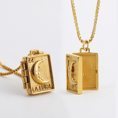 Vintage Stainless Steel Openable Book Locket Necklace Moon Heart Tarot Photo Pendant Box Chain Necklace For Men Women